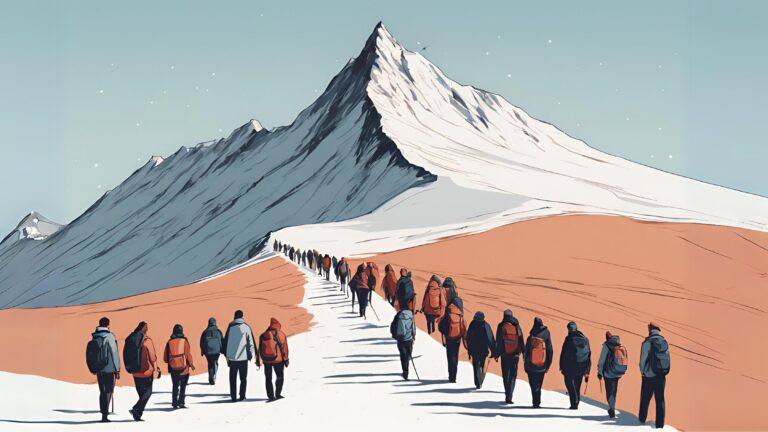 AI generated animated image of a snowy mountain with a line of people walking up toward the summit.